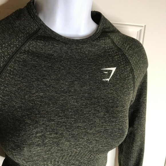 Gymshark Women's Cropped Long Sleeve Thumbhole Athletic Top Green ~ Size XS - Picture 2 of 7